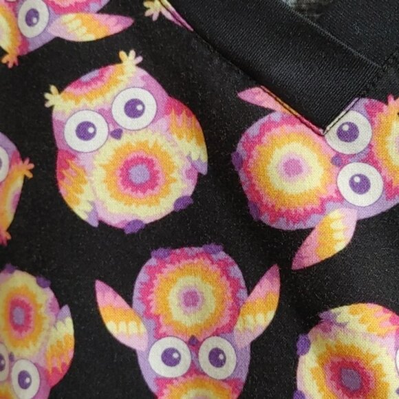 White Cross Small nurse scrubs top shirt short sleeve black orange owl S… - Picture 7 of 8